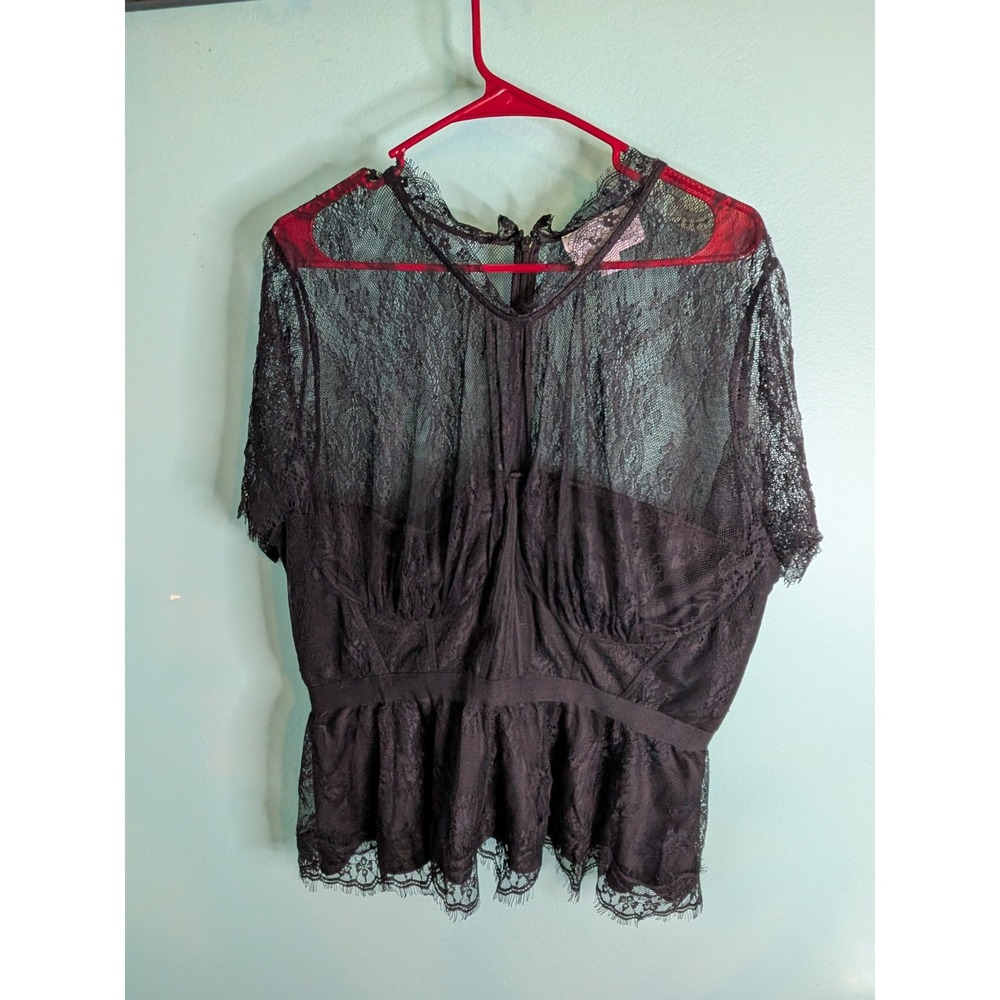 Mare Mare x Anthropologie Black Lace Peplum Corset Top 2X Short Sleeve Blouse